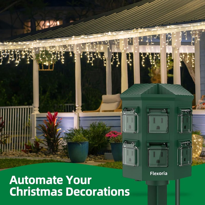 Flexoria Outdoor Power Stake Timer, Remote Control Dusk to Dawn Light Timer, 6FT Extension Cord Waterproof, 6 Grounded Outlets for Outdoor Christmas Decorations, ETL Listed (6 FT) - Image 5